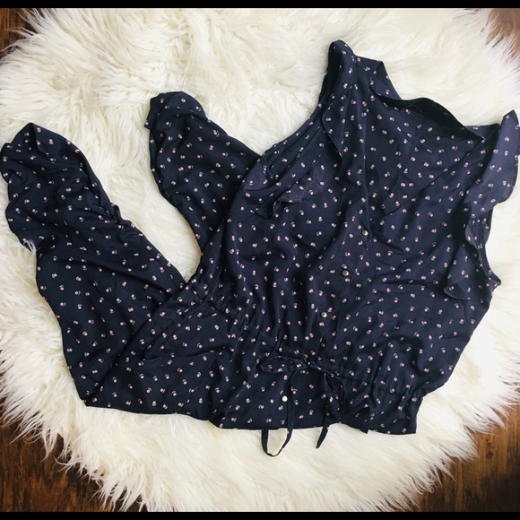 Dark Blue Cherry/Flower Print Button Down Jumper - Picture 1 of 7